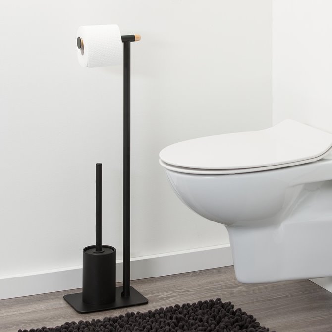 Relaxdays Serviteur WC, porte-papier, balai toilette et porte-brosse,  rangement, HLP : 69 x 26 x 18 cm, argenté/noir